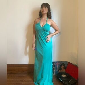 1970s Light Teal Halter Maxi Disco Dress